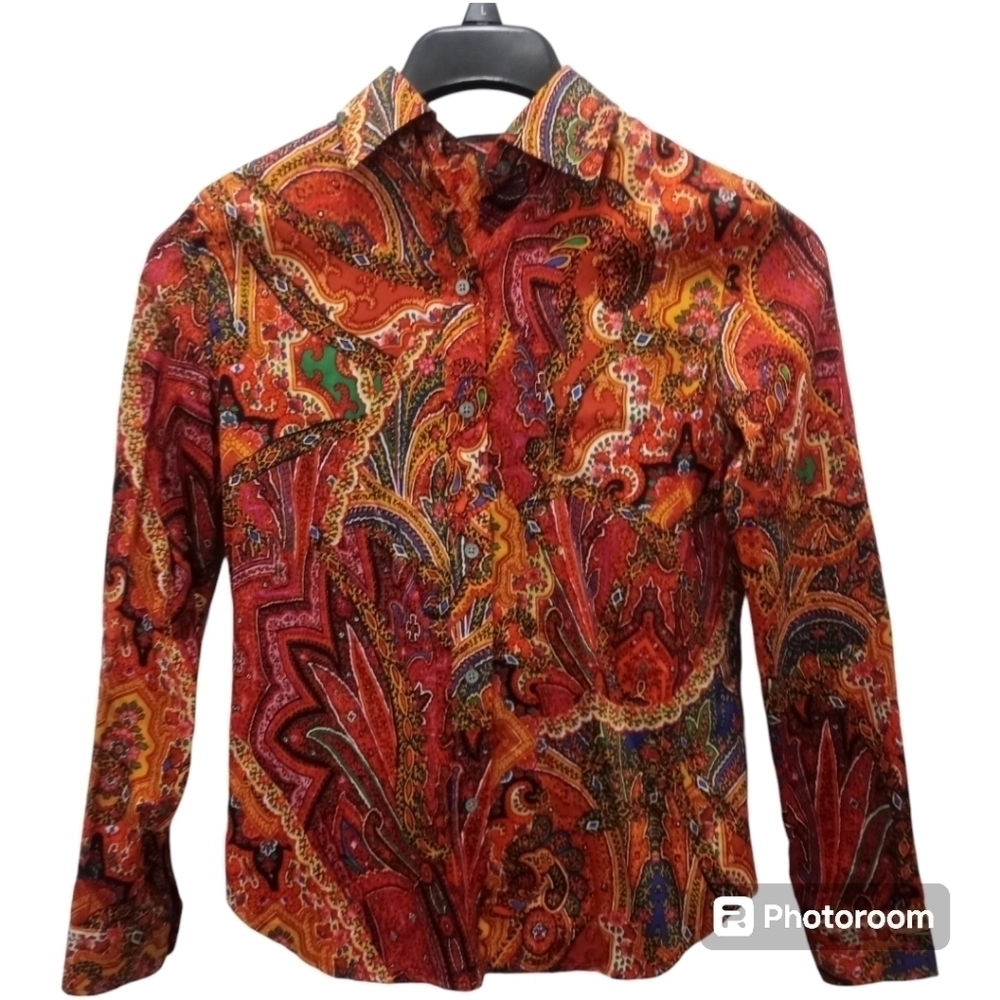 Lauren Ralph Lauren Button Down Baroque Print Blouse Size PS Petite